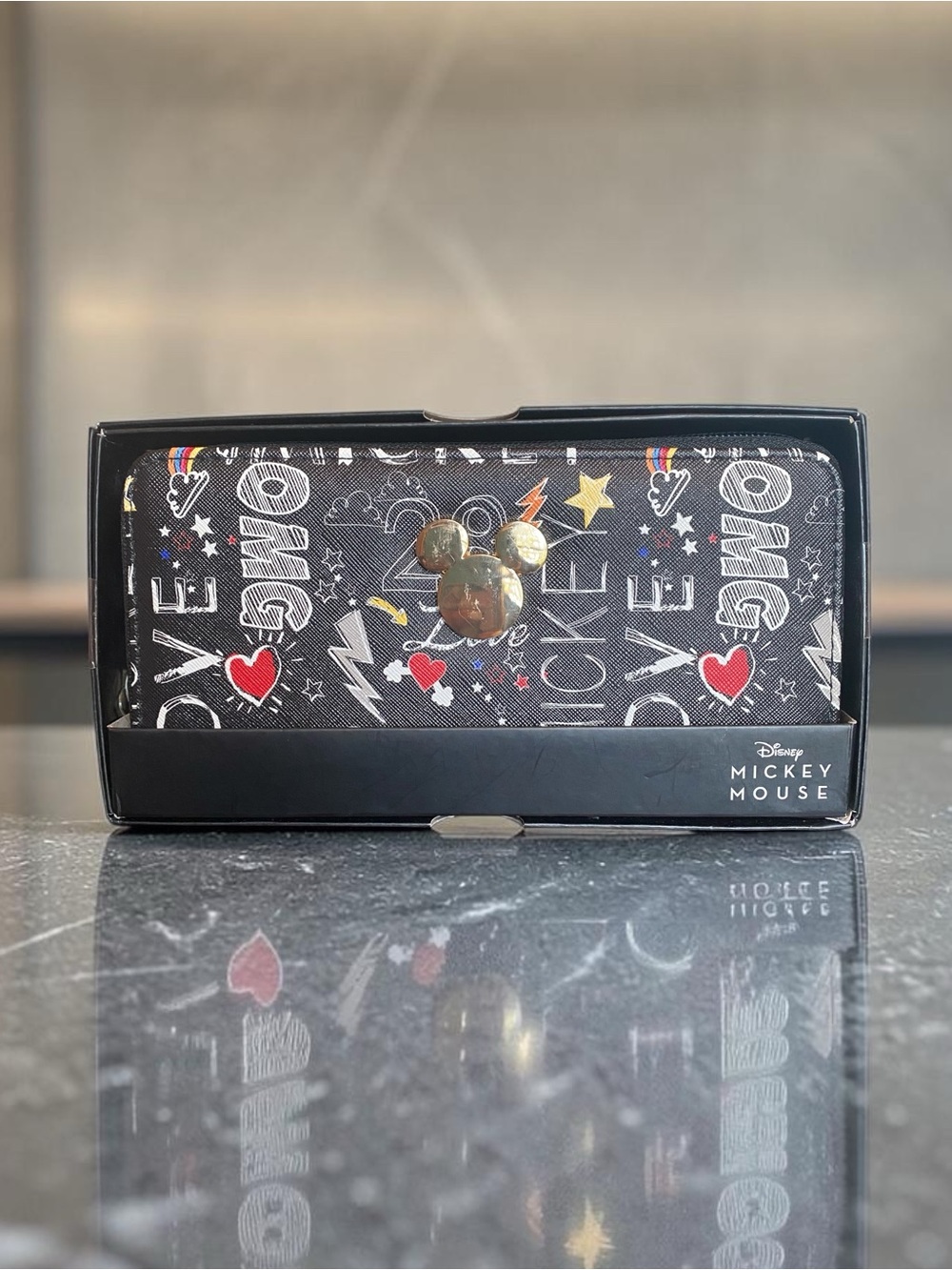 Disney Black Mickey Mouse Graphic Zip-Around Wallet w/Gold Mickey Accent (NIB)